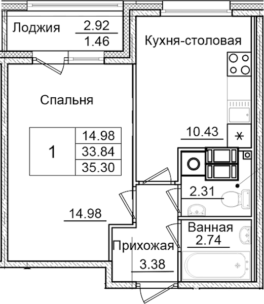 1-комнатная квартира 35.3 м², 2/9 эт., ЖК «Квартал Заречье»